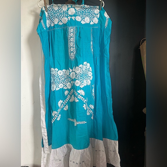 Dresses & Skirts - Vintage Boho Mexican Cotton Embroidered Turquoise Apron Halter Dress Size S